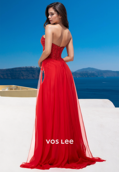 Charming Sheath Sweetheart Sleeveless Lace Appliques Red Tulle Prom Evening Dress