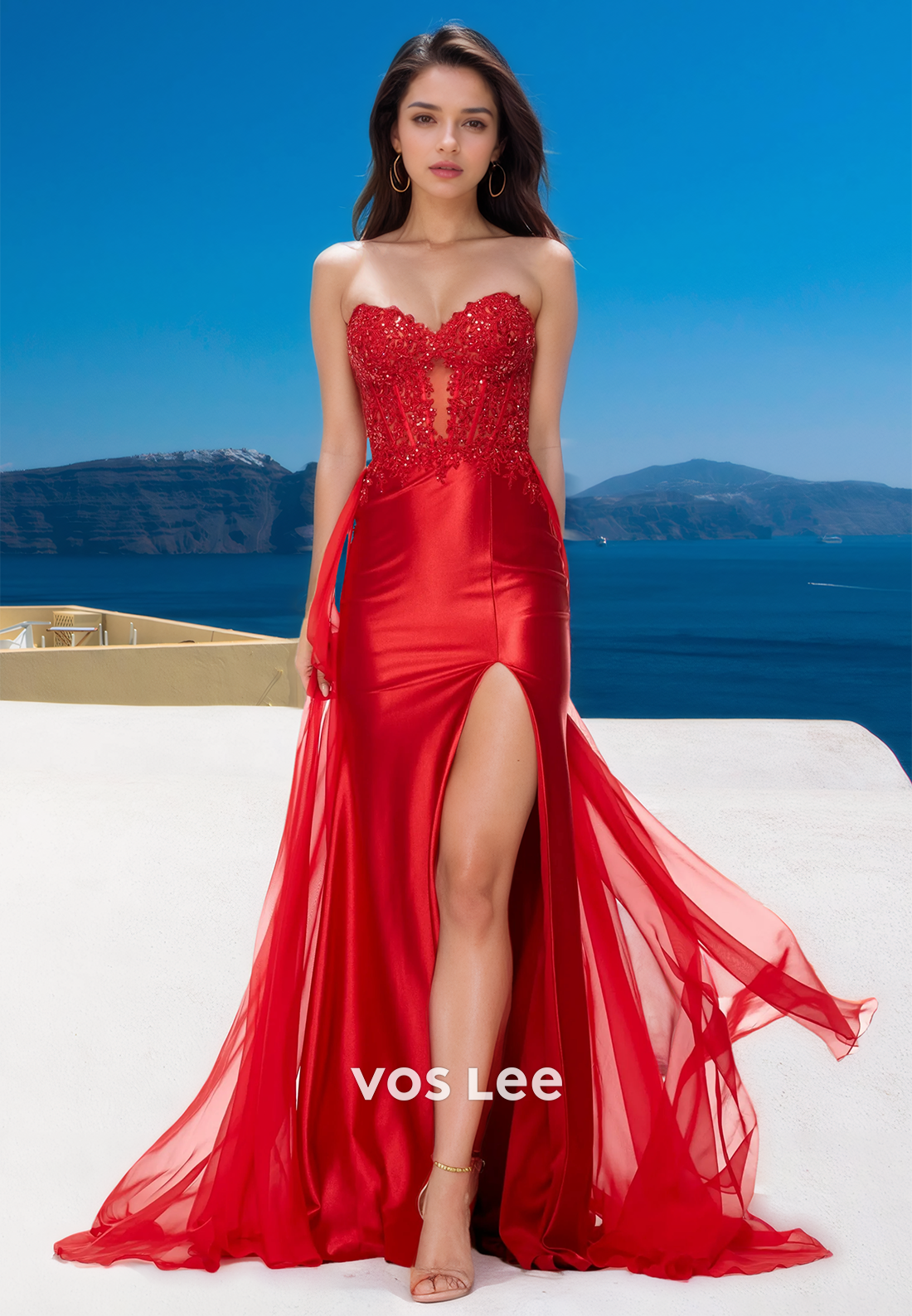 Charming Sheath Sweetheart Sleeveless Lace Appliques Red Tulle Prom Evening Dress