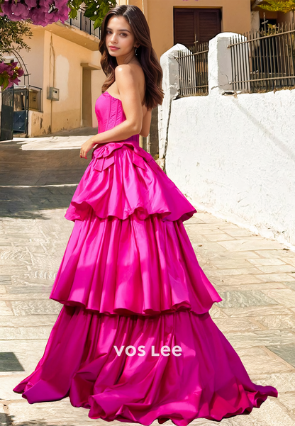 Ornate Strapless A-Line Fuchsia Back Zipper Tiered Satin Prom Party Dress