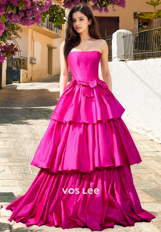 Ornate Strapless A-Line Fuchsia Back Zipper Tiered Satin Prom Party Dress