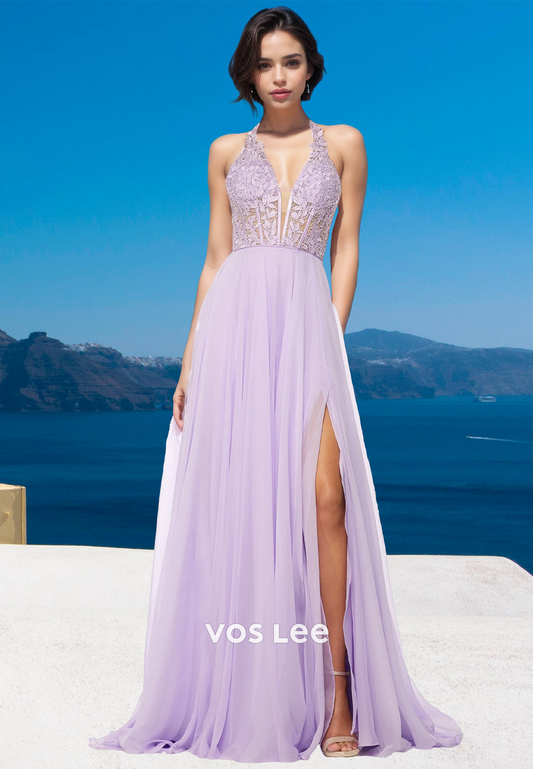 Lilac Plunging V Neck Lace Appliques Back Zipper Side Split Tulle Prom Birthday Dress