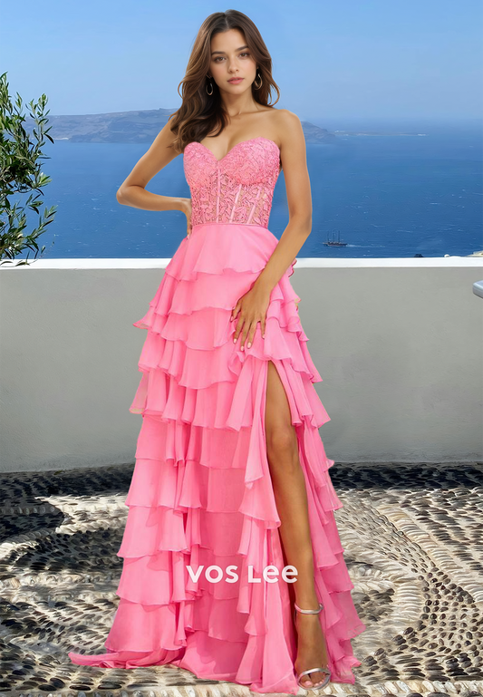 Graceful A-Line Sweetheart Lace Up Appliques Tiered Satin Prom Pageant Dress