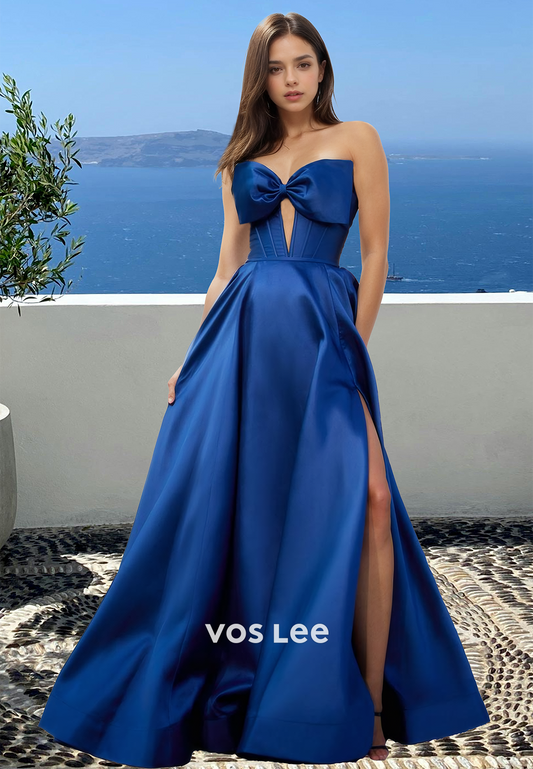 Royal Blue Sweetheart Bow A-Line Pleated Sweep Train Satin Prom Graduation Dress