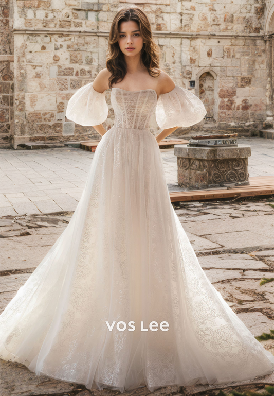 Luxury Strapless A-Line Puff Sleeves Pleated Lace Appliques Tulle Wedding Gown