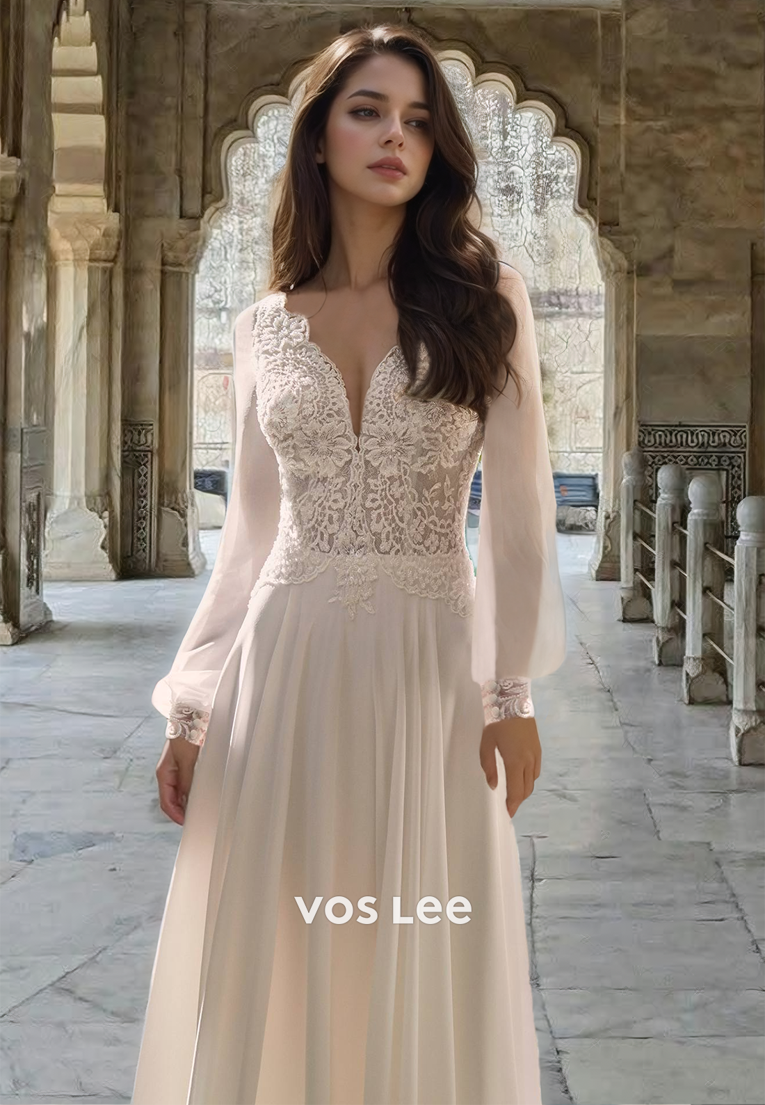 Graceful A-Line V Neck Long Sleeves Lace Appliques Pleated Wedding Dress