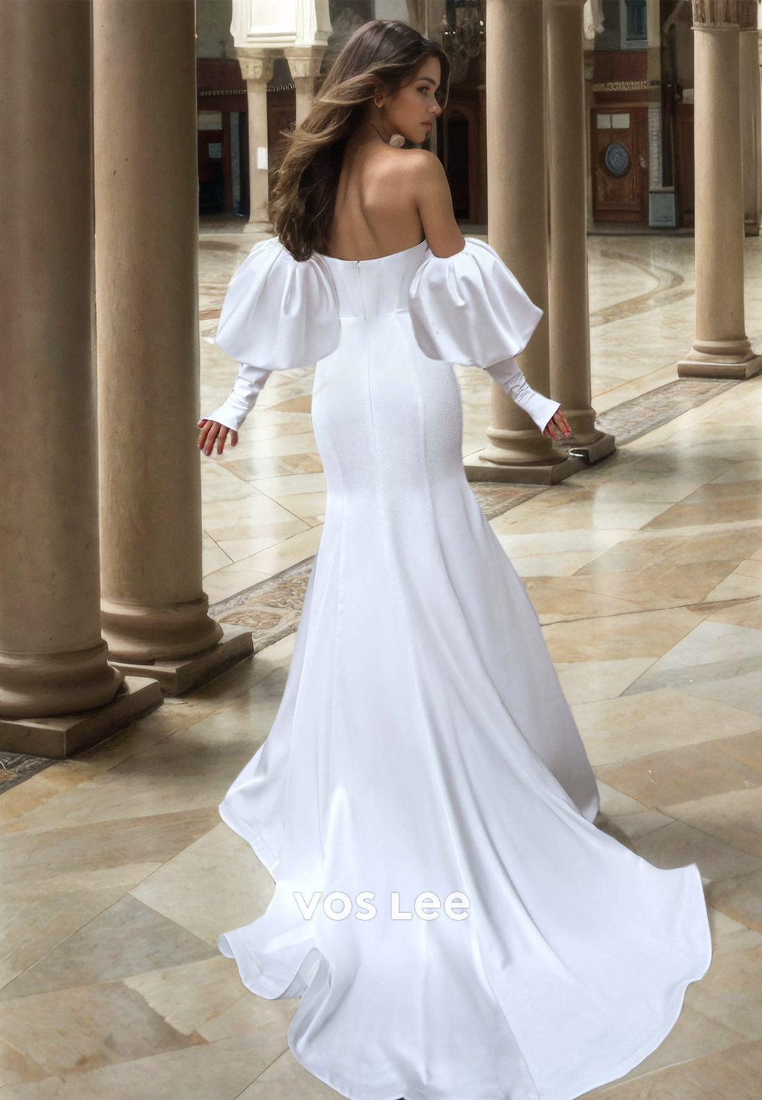 Modest Column Puff Sleeves Strapless Ruched Satin Wedding Bride Dress