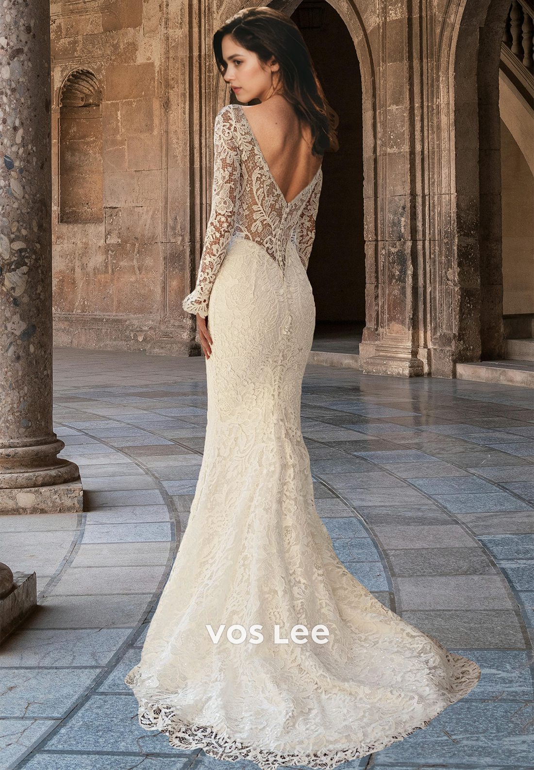 Mermaid Luxury Deep V Neck Back Zipper Lace Appliques Ruched Wedding Dress