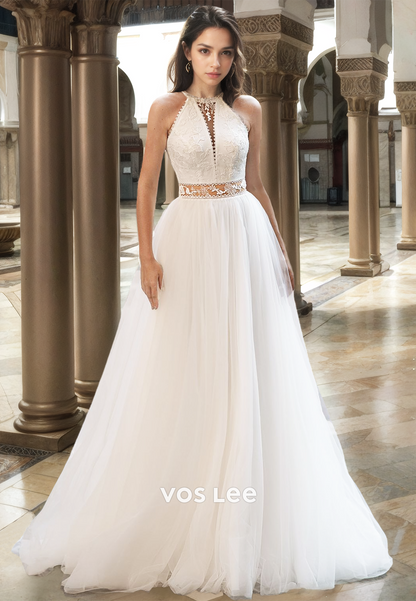 Gorgeous A-Line Halter Sleeveless Pleated Court Train Tulle Wedding Gown