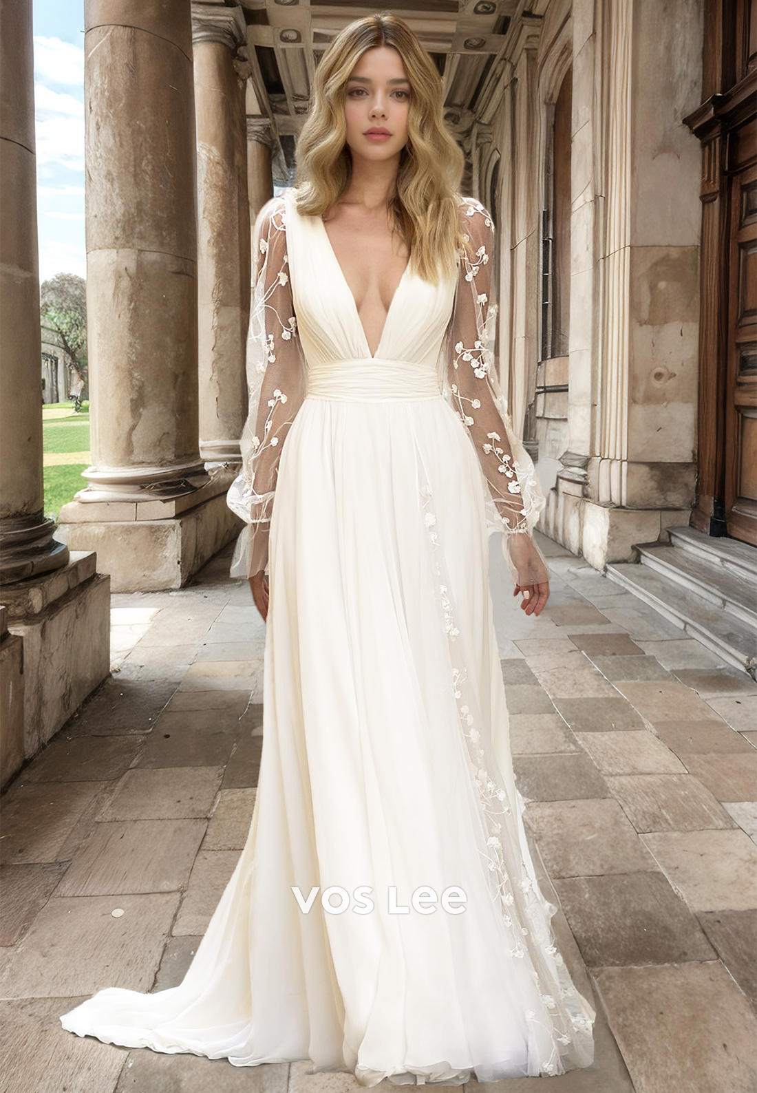 Classy A-Line Plunging V Neck Long Sleeves Backless Draped Wedding Dress