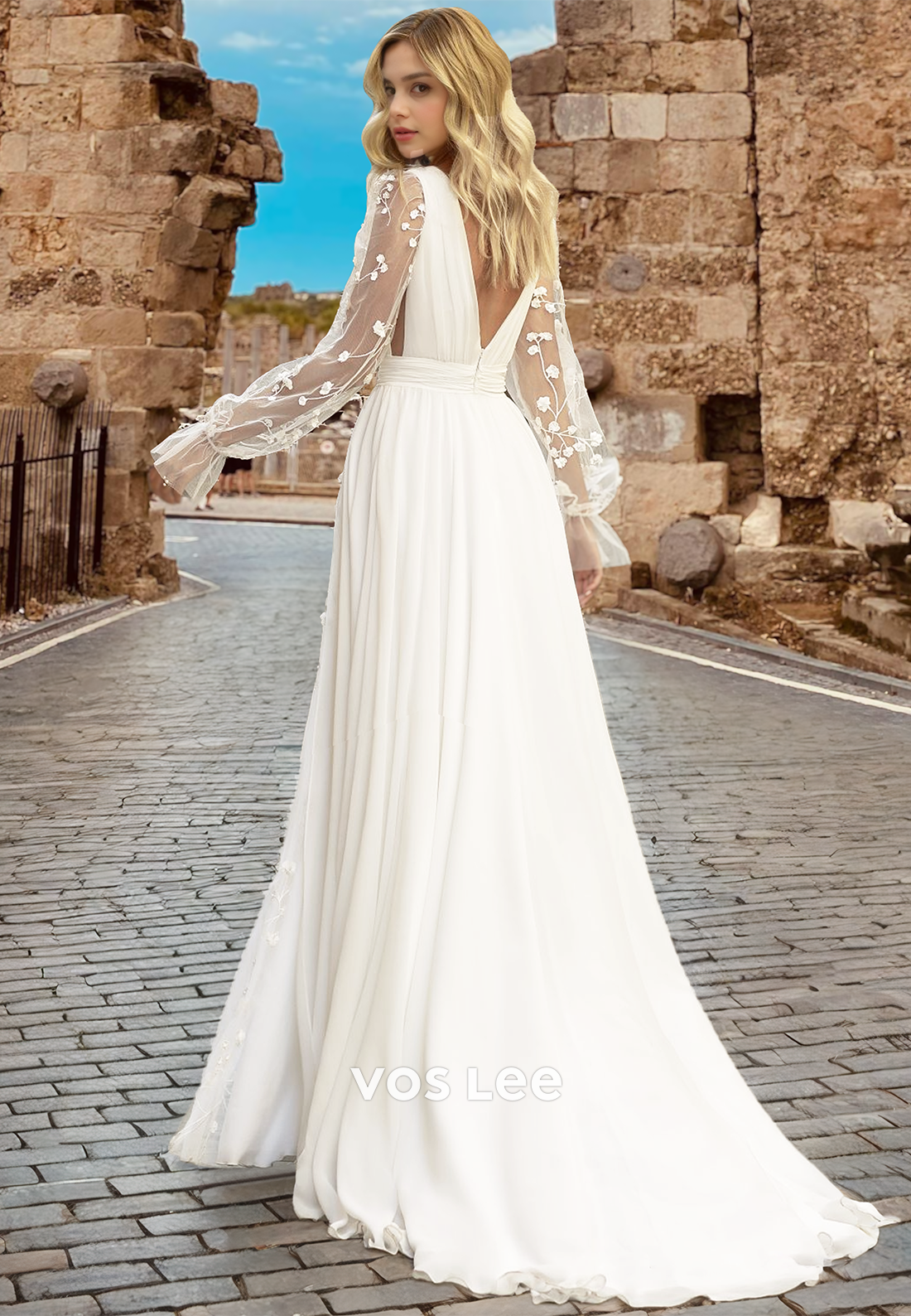 Classy A-Line Plunging V Neck Long Sleeves Backless Draped Wedding Dress