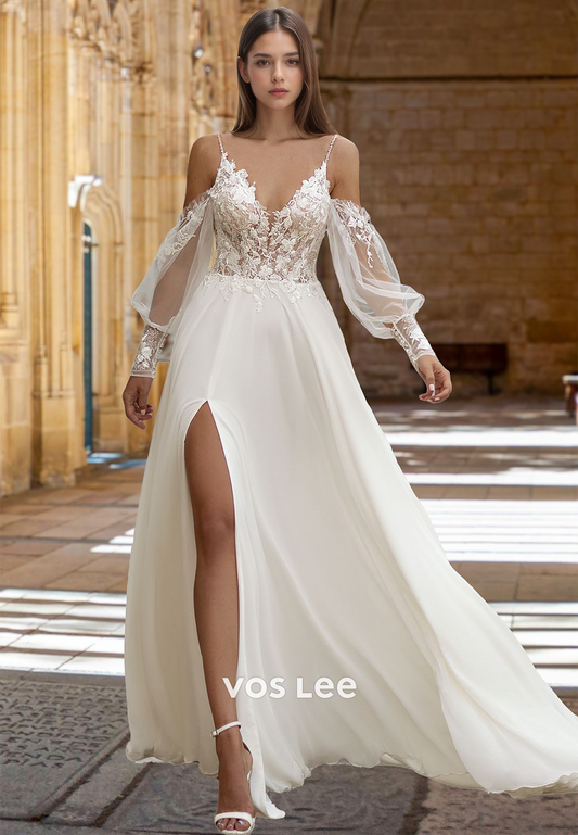 Unique V Neck Spaghetti Straps Half Sleeves High Split Satin Wedding Dress