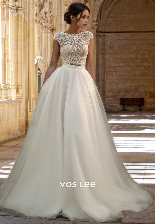 Charming Bateau Cap Sleeves Lace Appliques Sweep Train Tulle Ruched Wedding Gown