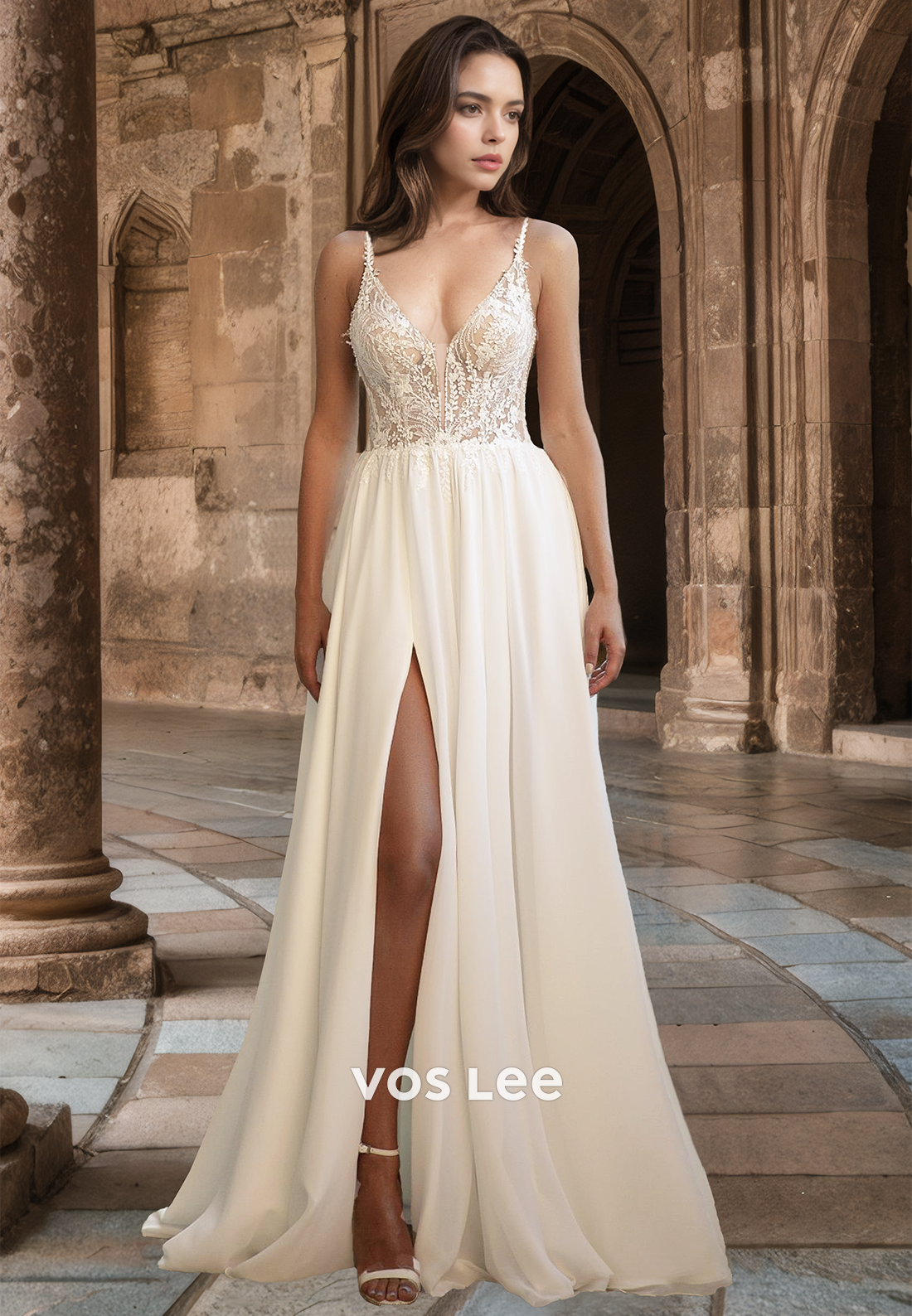 Modest Deep V Neck Spaghetti Straps A-Line Pleated Lace Appliques Wedding Dress