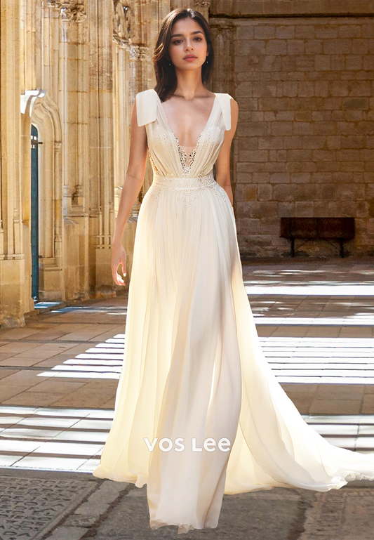 Sexy Plunging V Neck Backless Bow Sweep Train Ruched Lace Wedding Gown