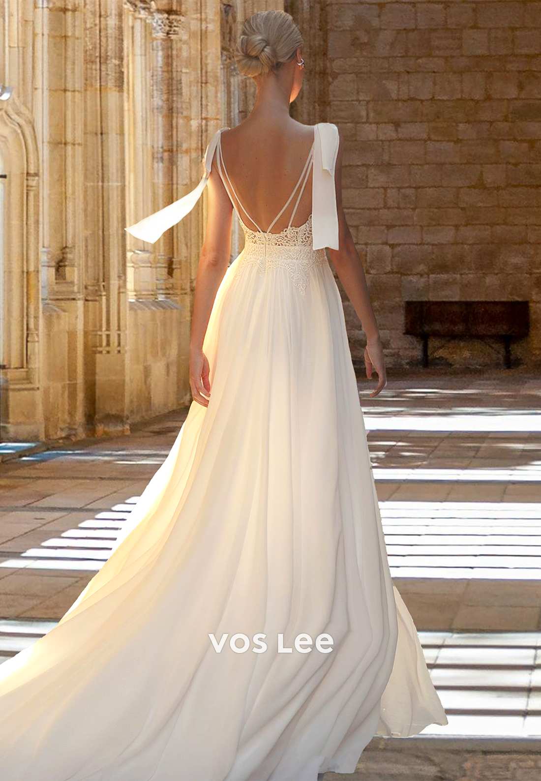 Sexy Plunging V Neck Backless Bow Sweep Train Ruched Lace Wedding Gown