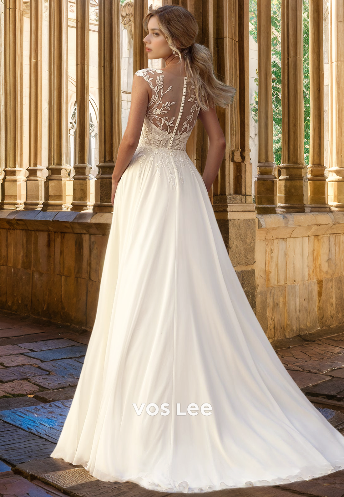 Plunging V Neck Illusion Sleeveless Back Zipper Lace Appliques Ruched Wedding Dress