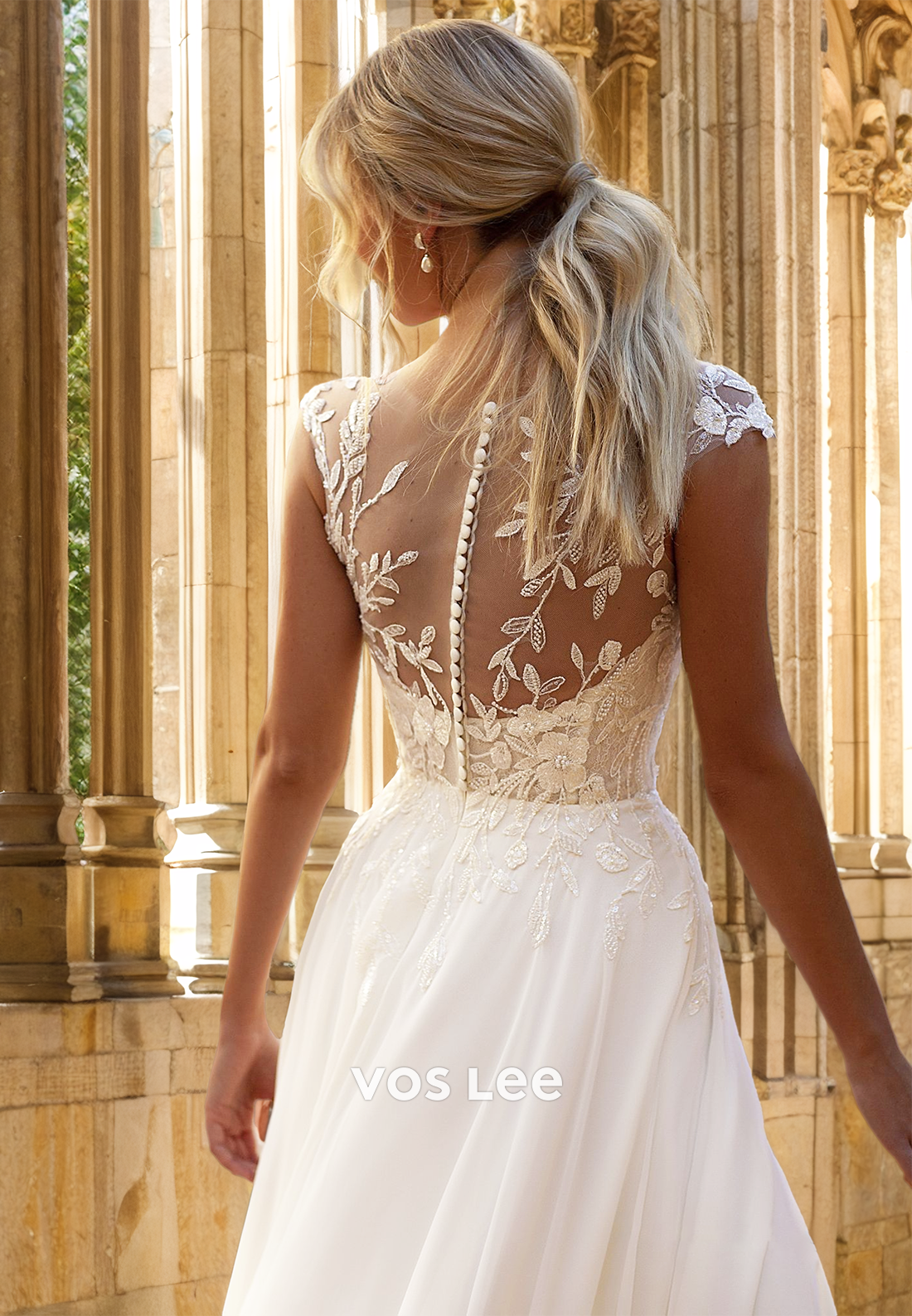 Plunging V Neck Illusion Sleeveless Back Zipper Lace Appliques Ruched Wedding Dress