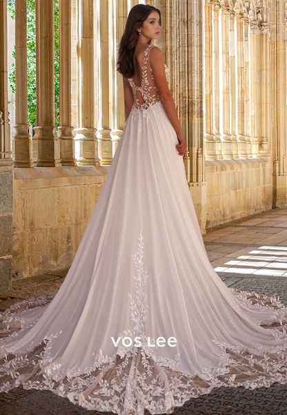 Graceful Deep V Neck Illusion Court Train Backless Ruched Tulle Wedding Dress