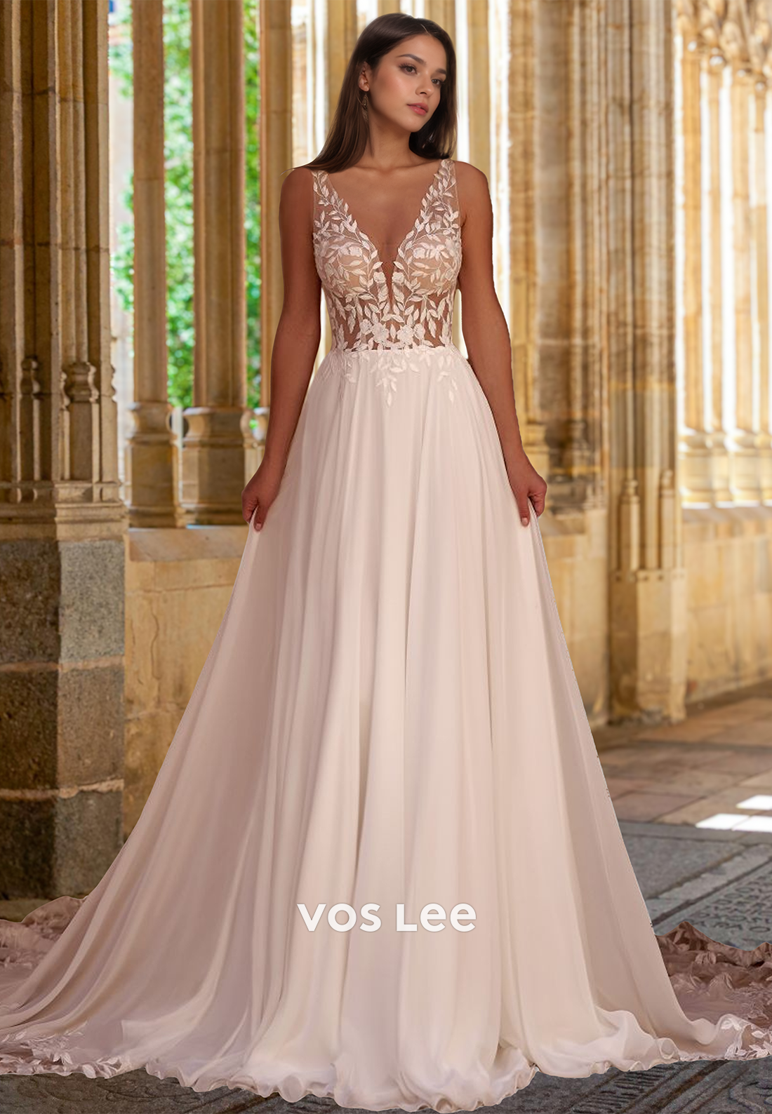 Graceful Deep V Neck Illusion Court Train Backless Ruched Tulle Wedding Dress