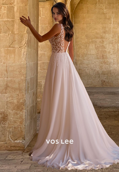 Sexy Deep V Neck Illusion Backless Pleated Sleeveless Satin Wedding Dress