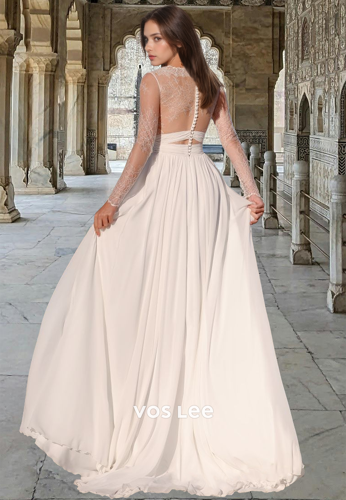 Simple V neck Illusion A-Line Draped Sweep Train Back Zipper Wedding Dress