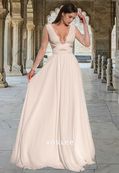 Simple V neck Illusion A-Line Draped Sweep Train Back Zipper Wedding Dress