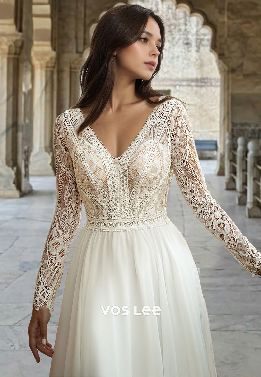 Classy A-Line V Neck Long Sleeves Backless Lace Appliques Satin Weding Dress