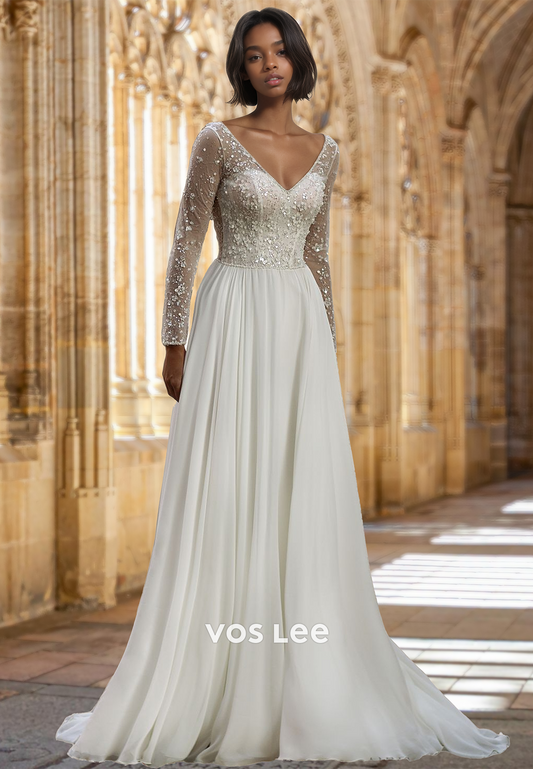 Sparkly A-Line V Neck Long Sleeveless Sweep Train Pleated Sequins Wedding Dress