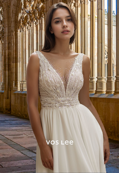 Ornate V Neck Illusion Sleevelss Backless Lace Appliques Sequins Wedding Dress