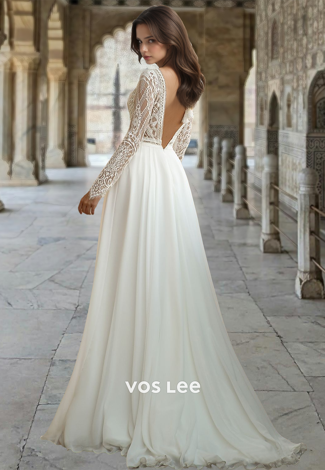 Classy A-Line V Neck Long Sleeves Backless Lace Appliques Satin Weding Dress