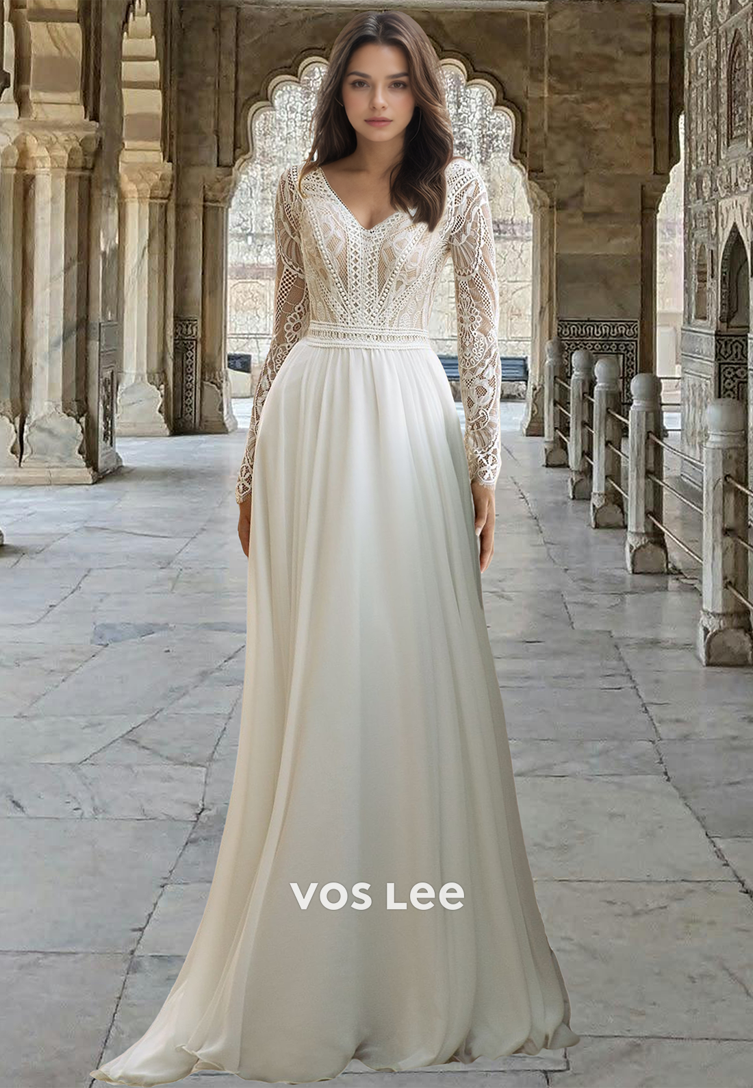 Classy A-Line V Neck Long Sleeves Backless Lace Appliques Satin Weding Dress