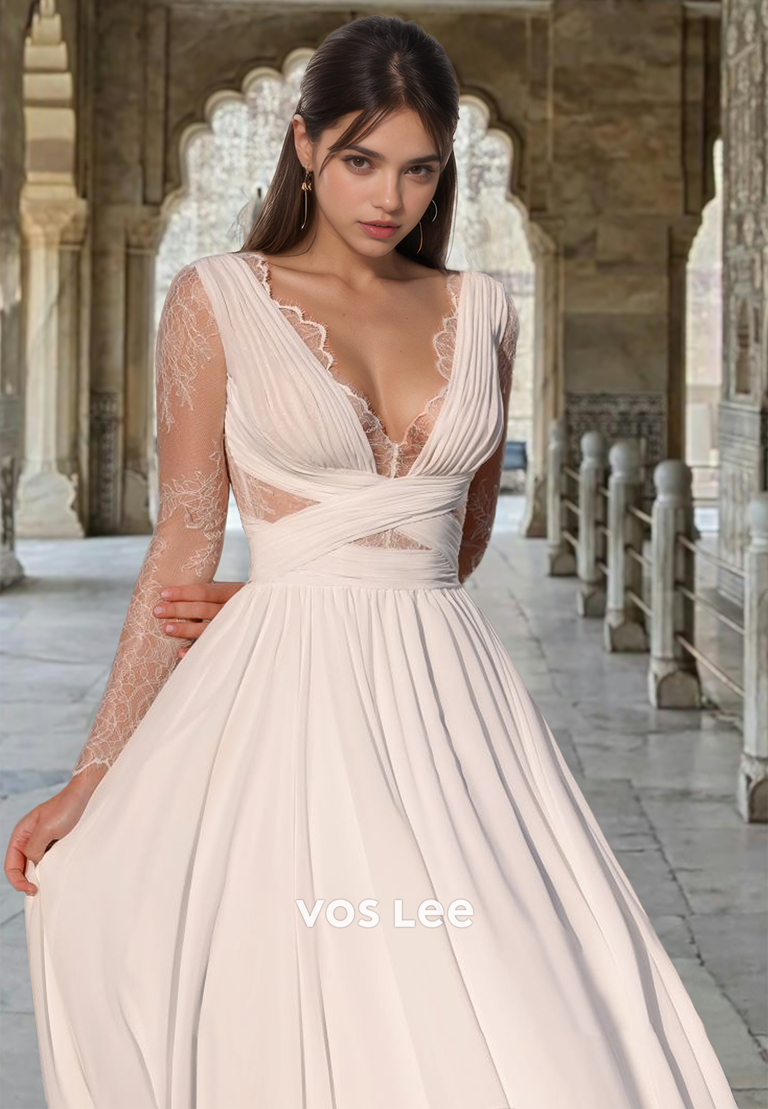 Simple V neck Illusion A-Line Draped Sweep Train Back Zipper Wedding Dress