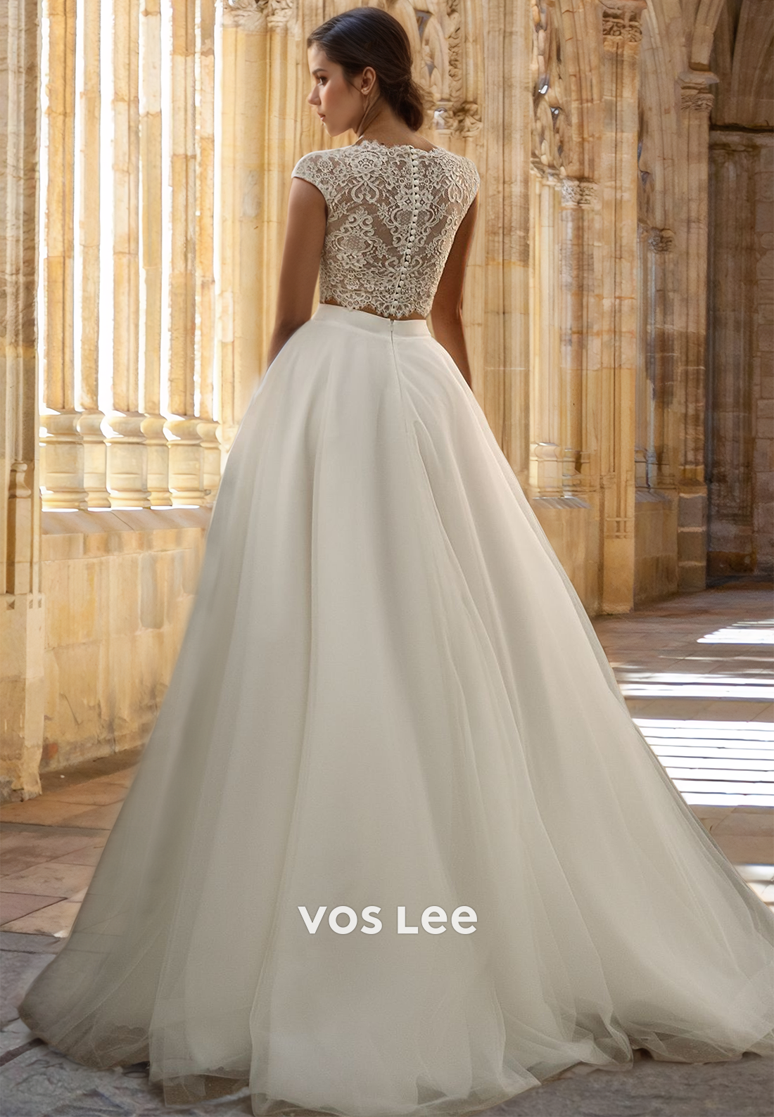 Charming Bateau Cap Sleeves Lace Appliques Sweep Train Tulle Ruched Wedding Gown