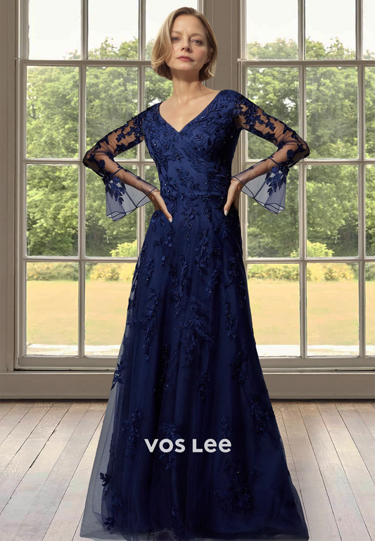 Gorgeous A-Line V Neck Long Sleeves Sweep Train Tulle Mother of the Bride Dress