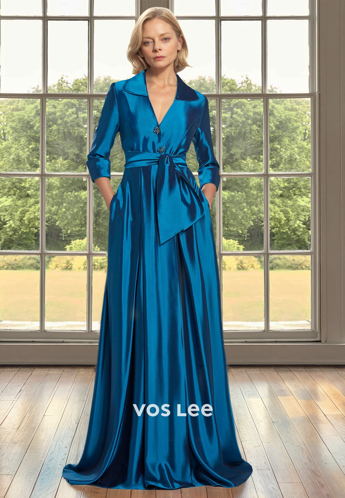 Elegant A-Line V Neck Half Sleeves Button Belt Satin Mother of the Formal Dress