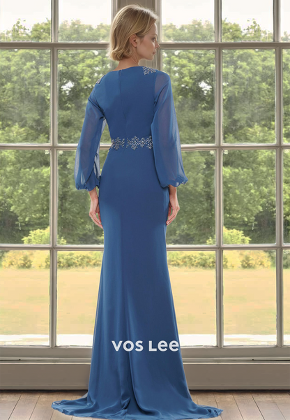 Elegant Column V Neck Long Sleeves Beaded Satin Mother of the Evening Dress