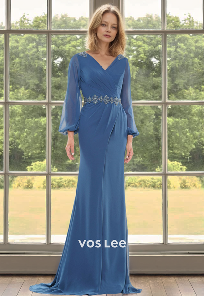 Elegant Column V Neck Long Sleeves Beaded Satin Mother of the Evening Dress