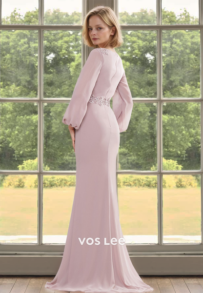 Elegant Column V Neck Long Sleeves Beaded Satin Mother of the Evening Dress