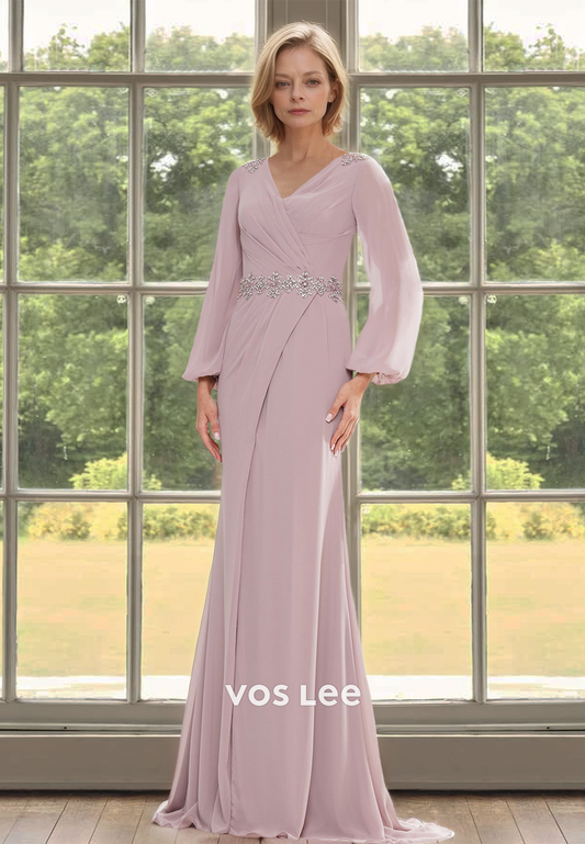 Elegant Column V Neck Long Sleeves Beaded Satin Mother of the Evening Dress