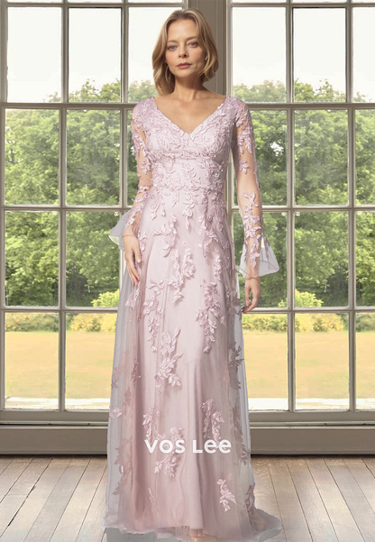 Gorgeous A-Line V Neck Long Sleeves Sweep Train Tulle Mother of the Bride Dress