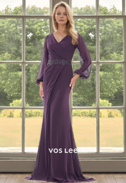 Elegant Column V Neck Long Sleeves Beaded Satin Mother of the Evening Dress