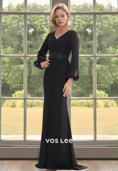 Elegant Column V Neck Long Sleeves Beaded Satin Mother of the Evening Dress
