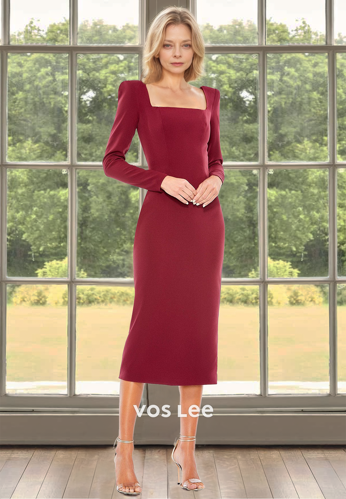 long sleeve square neck satin dress Charming Sheath Square Neck Long Sleeves Long Satin Mother of the Brid –  VOS LEE