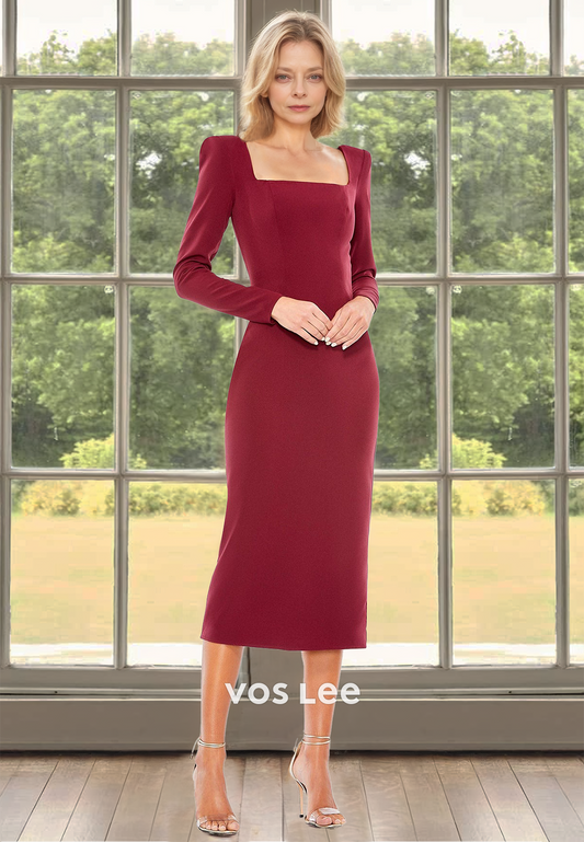 Charming Sheath Square Neck Long Sleeves Long Satin Mother of the Bride Dress
