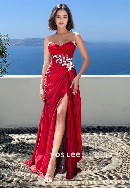 Graceful Column Strapless Red High Split Sequins Satin Prom Pageant Dress