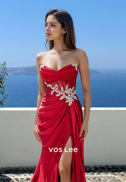 Graceful Column Strapless Red High Split Sequins Satin Prom Pageant Dress