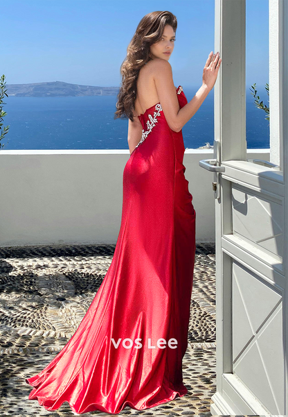 Graceful Column Strapless Red High Split Sequins Satin Prom Pageant Dress