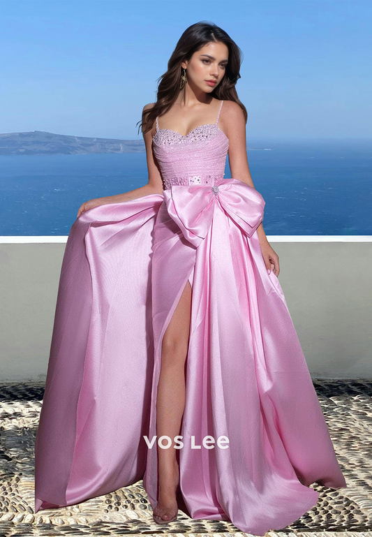 Classy Sweetheart Spaghetti Straps Bow Beaded Pleated Satin Prom Party Dress