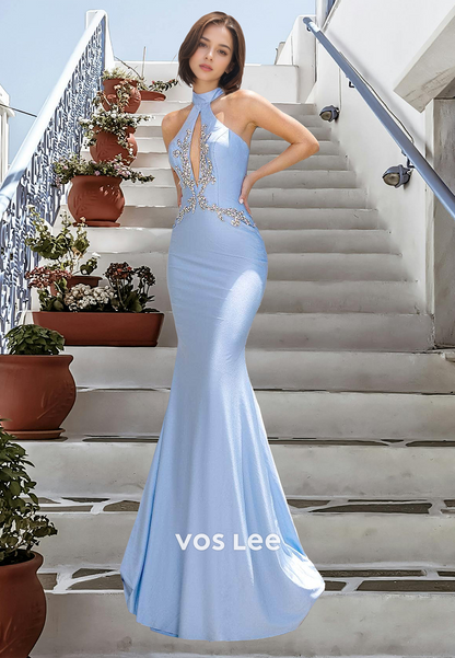 Sky Blue Halter Column Mermaid Sleeveless Sequins Ruched Satin Prom Holiday Dress