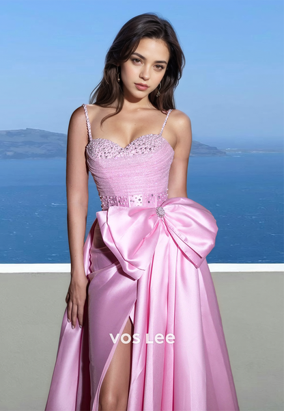 Classy Sweetheart Spaghetti Straps Bow Beaded Pleated Satin Prom Party Dress